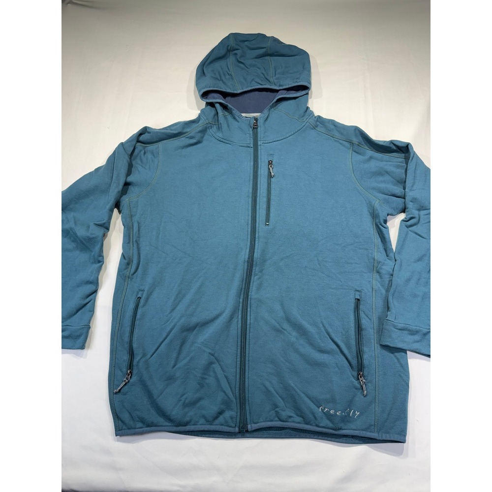 Free Fly Mens XL Bamboo Thermal Fleece Full Zip Hoodie Teal Blue Jacket Pockets
